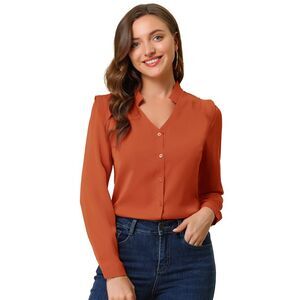 Blouse Button Up Long Sleeve V Neck Chiffon Shirt Orange Brown